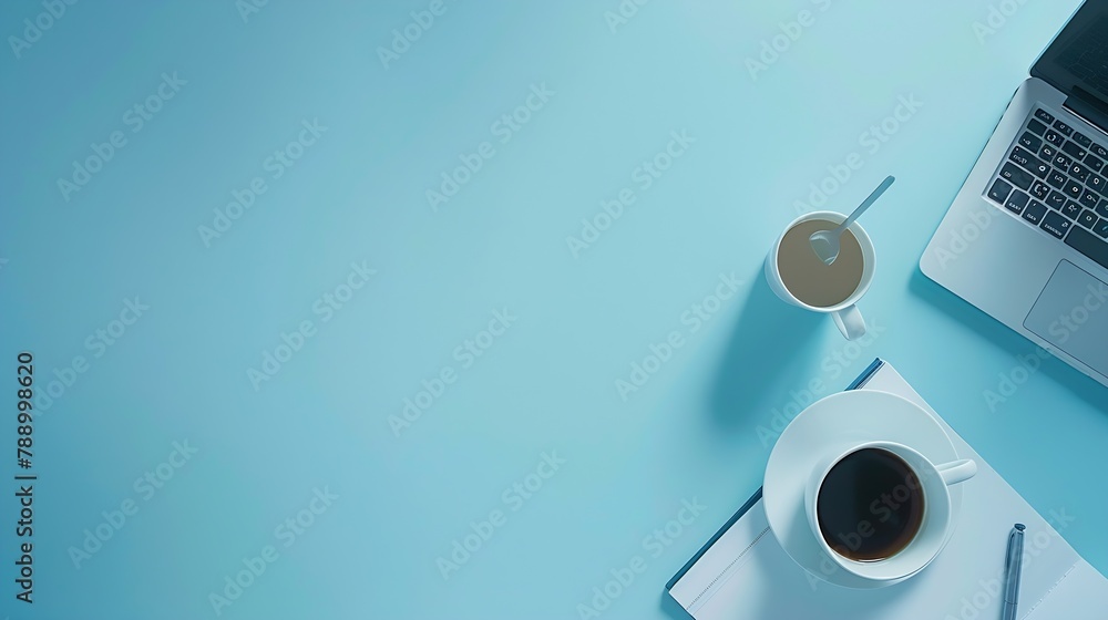 Aufkleber Minimal work space  Creative flat lay photo of workspace desk Top view office desk with laptop notebooks and coffee cup on blue color background Top view with copy space flat lay photo : Generative AI