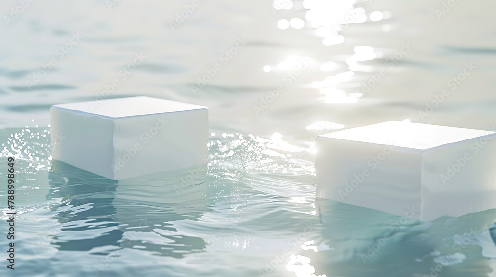 Aufkleber Two empty clear white square podiums on transparent calm water texture with splashes and waves in sunlight Abstract nature background for product presentation Flat lay cosmetic mockup  : Generative AI