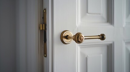 Close  up Brass door handle and white wooden door : Generative AI