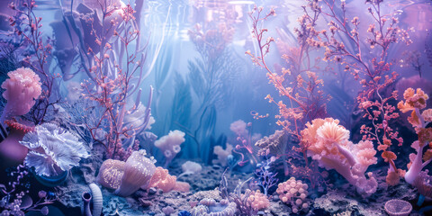 Obraz na płótnie Canvas Mystical Sea Garden: Coral Reef Ecosystem in Dreamy Underwater Light