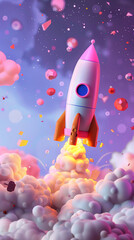 Fototapeta premium Rocket spaceship model 3D rendering, World Space Day rocket liftoff concept illustration
