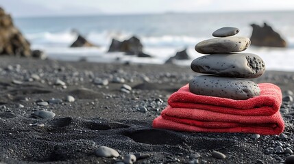 Balanced stone pile and red beach towel at a black lava beach - obrazy, fototapety, plakaty