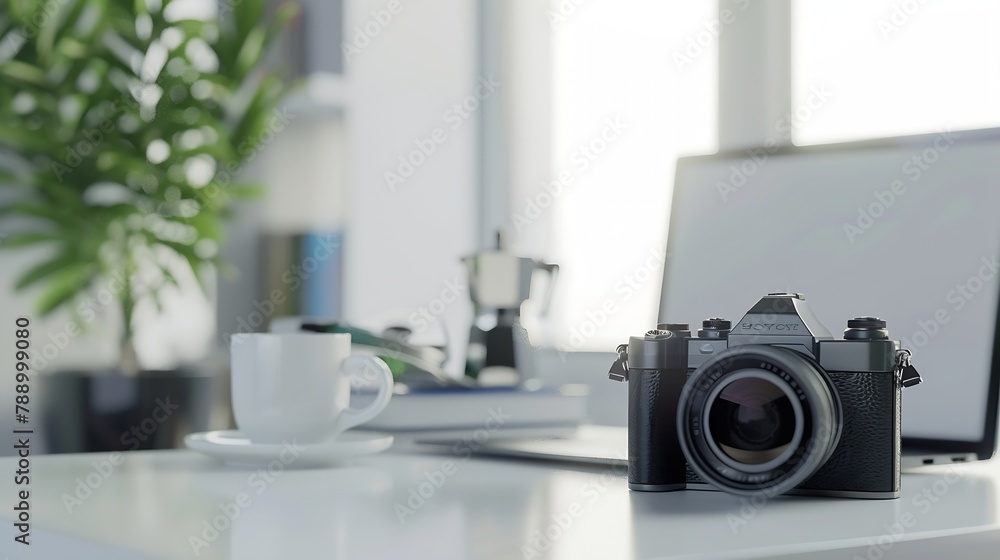 Aufkleber close up view of modern workspace with mock up laptop coffee cup camera schedule books decorations a