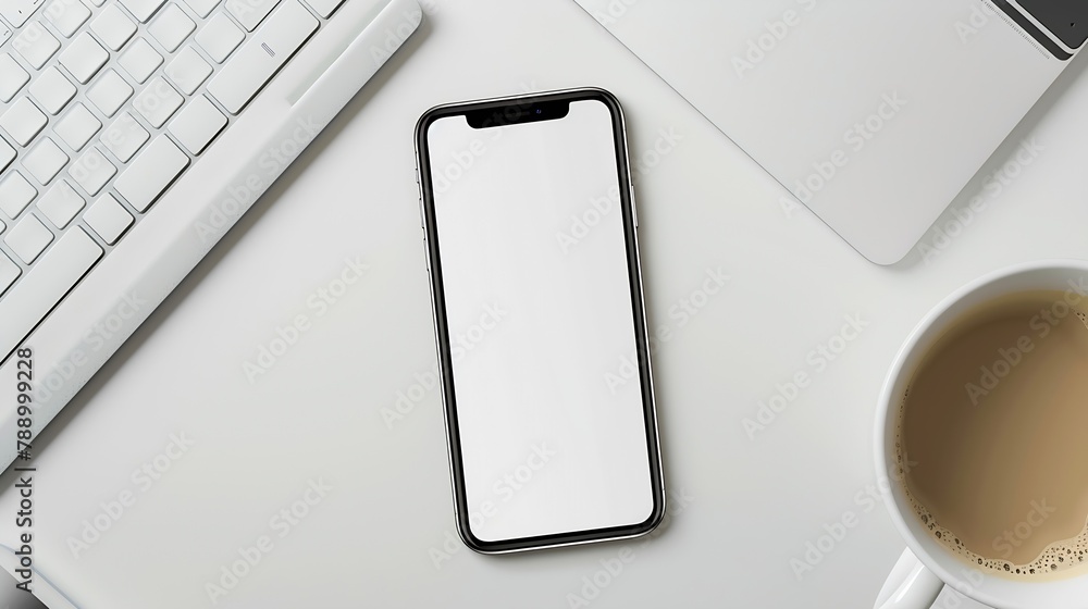 Aufkleber Flat lay mobile phone with empty screen coffee cup notepad and keyboard on white table Top view with copy space : Generative AI