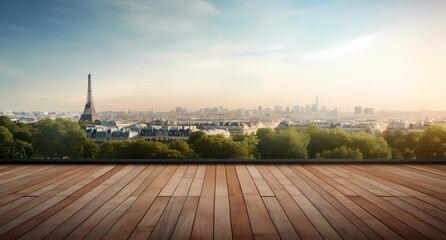 Fototapeta na wymiar A blurred background of the Paris skyline with wooden flooring in the foreground