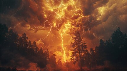 Nature Power: A photo capturing a bolt of lightning striking a tree in a forest - obrazy, fototapety, plakaty