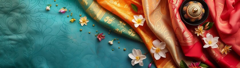 A beautiful banner with red, orange and yellow silk and white flowers. - obrazy, fototapety, plakaty