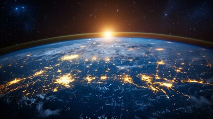A beautiful shot of Earth from space showing the curvature of the planet, the atmosphere, and the city lights.