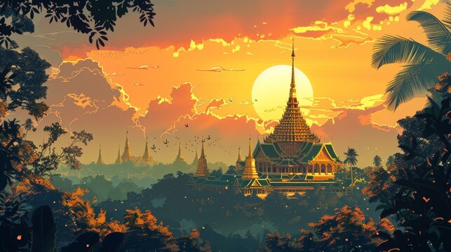 A beautiful sunset over an ancient Asian temple.