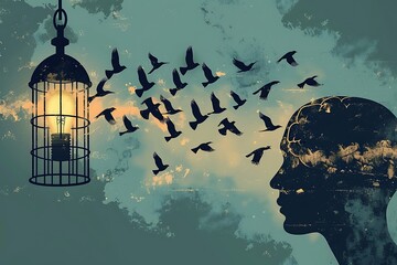 Vector illustration for a broken brain cage and ideas just like birds flying away, brain drain, metaphors . - obrazy, fototapety, plakaty