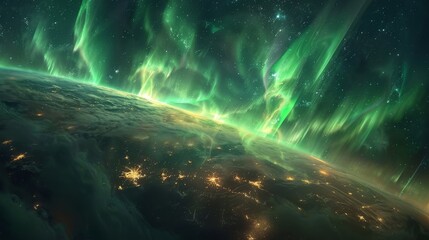 A view of the Earth from space showing the aurora caused by the interaction of the solar wind with the Earth's magnetic field.