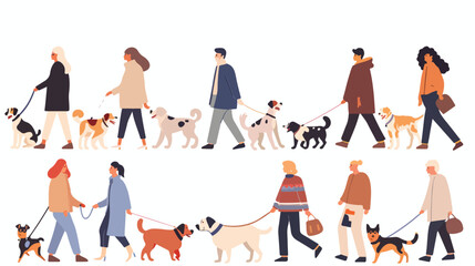 People walking with his dogs of different breeds - obrazy, fototapety, plakaty
