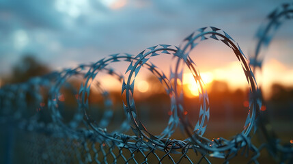 Barbed wire coils against a sunset background. Security and boundary concept with an element of freedom. Design for diverse uses from warning signs to metaphorical art. Bokeh effect with warm tones - obrazy, fototapety, plakaty