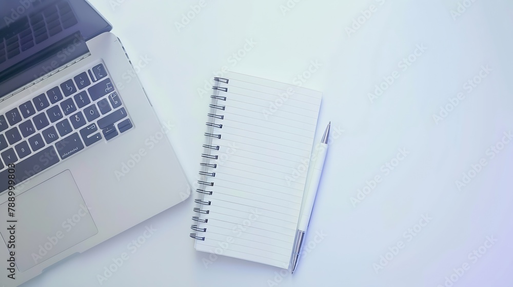 Poster White office desk table with blank notebook pen and laptop computer Top view flat lay : Generative AI