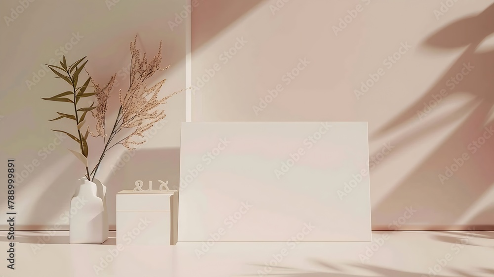 Aufkleber Paper card mockup and stationery on a beige background Minimalistic business workspace : Generative AI