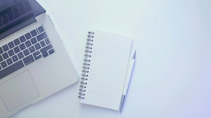 White office desk table with blank notebook pen and laptop computer Top view flat lay : Generative...