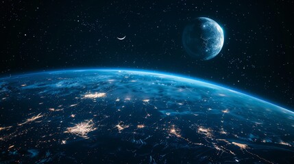View of Earth from Space with Moon Crescent and Sparkling City Lights at Night