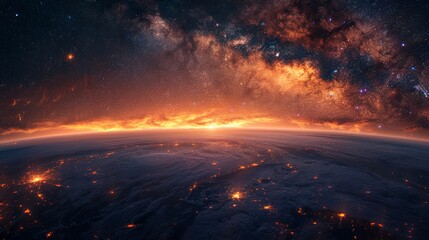 The milky way galaxy seen from the surface of a planet. - obrazy, fototapety, plakaty