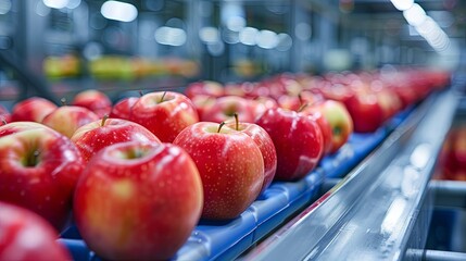 Fresh apples on conveyor belt in food processing facility - obrazy, fototapety, plakaty