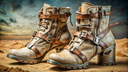 Imagine a pair of women's shoes that embody the essence of post-apocalyptic style. - obrazy, fototapety, plakaty