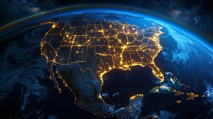 The night view of the Earth from space showing the lights of the cities.
