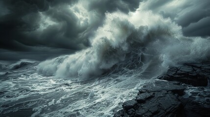 Stormy Weather: A photo of a stormy sea with large waves crashing against rocks