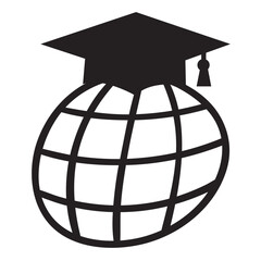 Outline icon. Globe in a graduation cap. Hand drawn vector illustration on white background.