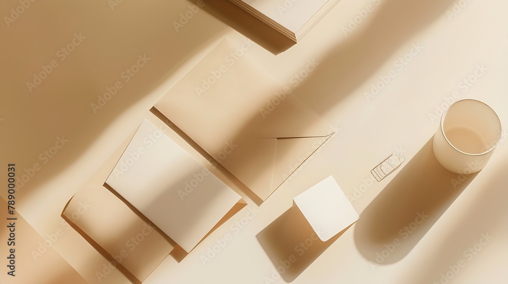 Poster Paper card mockup and stationery on a beige background Minimalistic business workspace : Generative AI