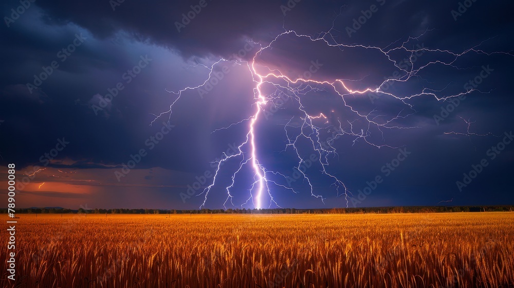 Poster thunder and lightning: a photo of lightning striking a field