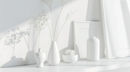 Close up view of minimal home interior design with copy space mock up frame vases and decorations in white concept : Generative AI