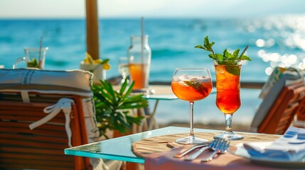 Beachside tables with drinks Cocktails in a luxury beach hotel holiday