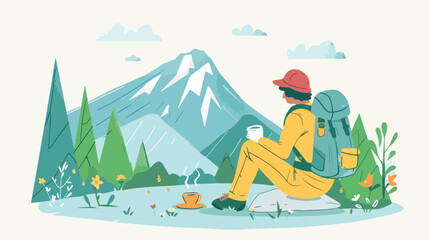 Person resting in nature after hiking alone. Hiker