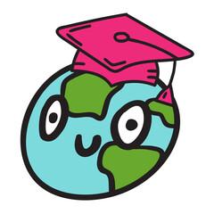 Cute smiling globe in a graduation cap. Hand drawn vector illustration design on white background.