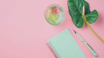 Green paper spiral notepad with anthurium or flamingo flower pen and glass of water on the pink background Business concept flat lay card Copy space : Generative AI - Powered by Adobe