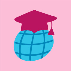 Globe in a graduation cap on pink background. Hand drawn vector illustration design.