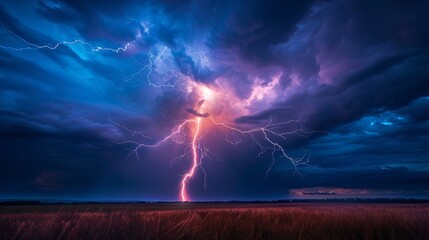 Thunderstorm: A photo of lightning striking the ground during a thunderstorm - obrazy, fototapety, plakaty