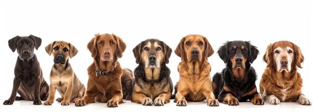 Diverse group of seven adorable dogs sitting in a row on white background