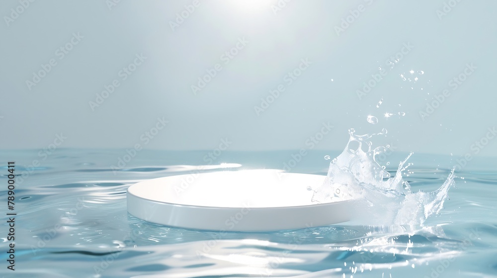 Poster Empty white circle podium on transparent clear calm blue water texture with splashes and waves in sunlight Abstract nature background for product presentation Flat lay cosmetic mockup  : Generative AI