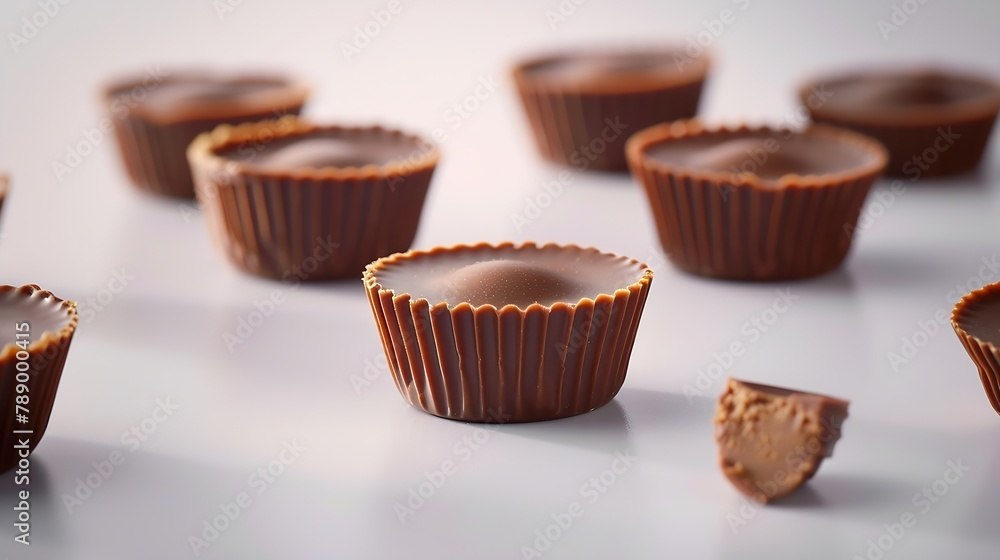 Poster tasty peanut butter cups on light background : generative ai