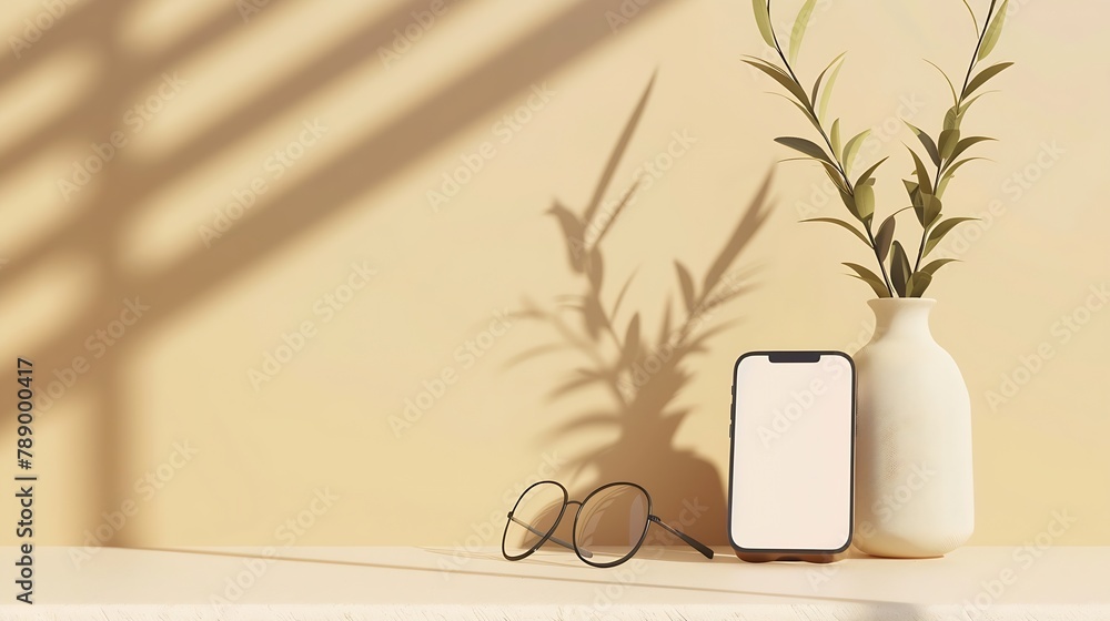 Poster mobile phone with empty screen mockup notebook glasses vase with foliage branch empty neutral beige 
