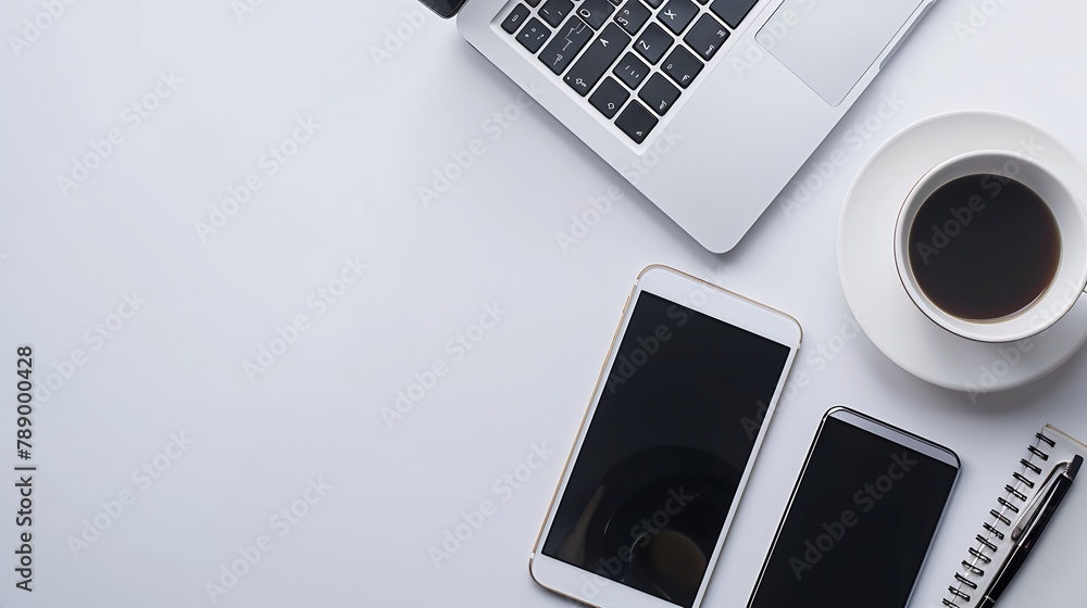 Aufkleber modern workspace with coffee cup smartphone paper notebook tablet and laptop copy space on white col