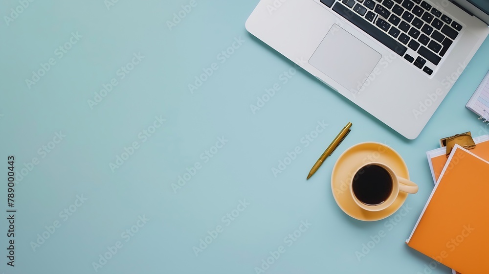 Poster flat lay minimal work space creative flat lay photo of workspace desk top view office desk with lapt