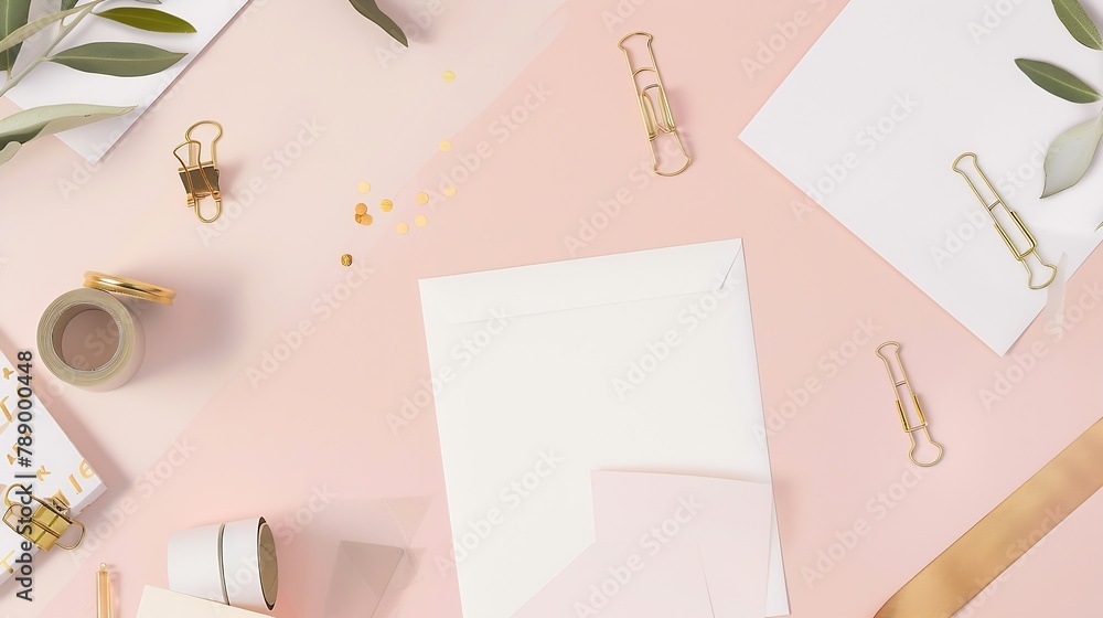 Aufkleber feminine stationery desktop mockup scene blank greeting card craft envelope washi tape and golden pa