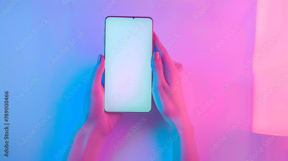 Aufkleber flat lay hand using phone white screen on top viewbackground in pastel colorsclipping path inside : 