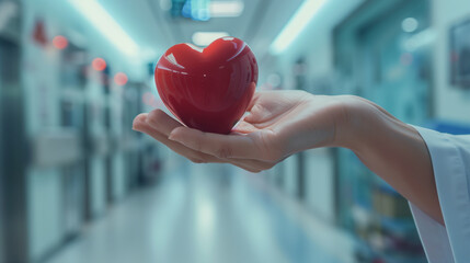 A doctor's hand holds a red heart in a hospital