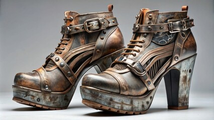 Imagine a pair of women's shoes that embody the essence of post-apocalyptic style. - obrazy, fototapety, plakaty