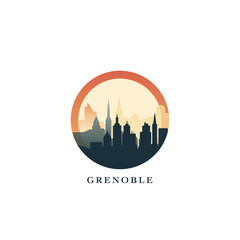 Grenoble cityscape, gradient vector badge, flat skyline logo, icon. France city round emblem idea with landmarks and building silhouettes. Isolated graphic