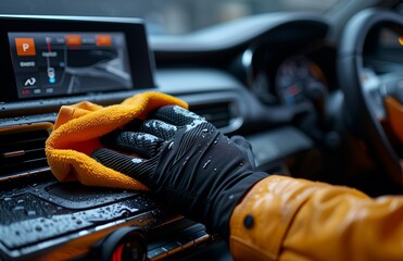 Man in black gloves cleans car interior, using yellow microfiber cloth in a detailed closeup