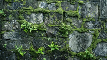 Lush green moss on an old stone wall