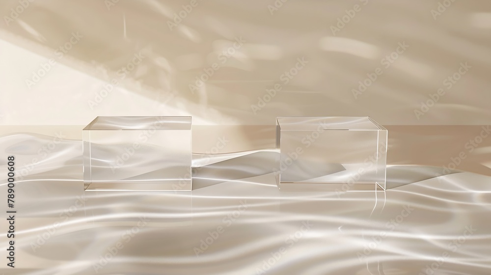Aufkleber Two empty clear glass square podiums on beige transparent calm water texture with waves in sunlight Abstract nature background for product presentation Flat lay cosmetic mockup copy sp : Generative AI